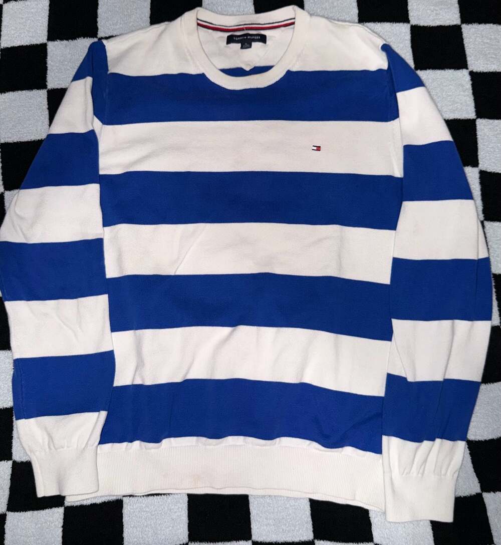 Tommy Hilfiger Men's Blue and White Rugby Striped Crew-Neck Pullover Sweater - Picture 1 of 5